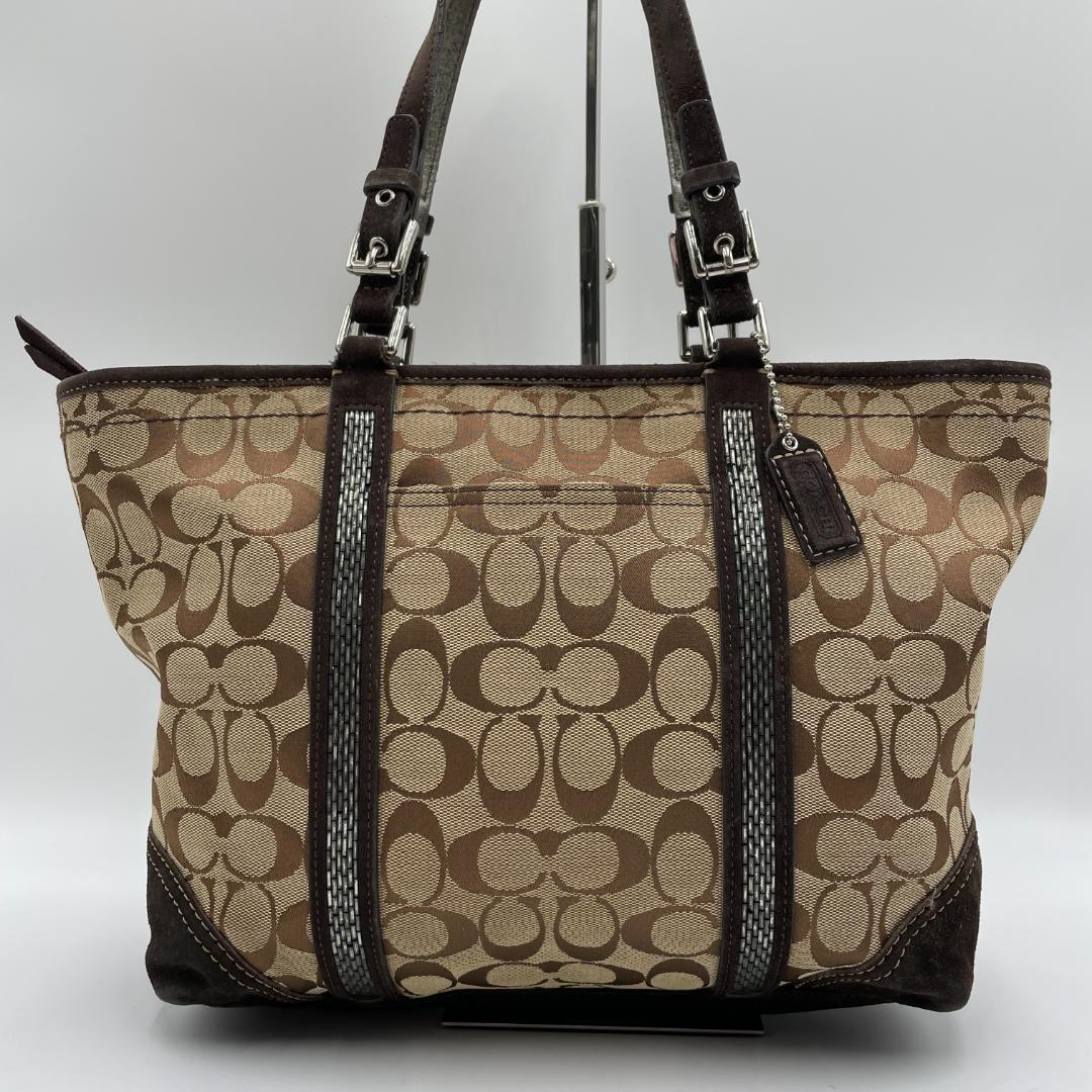 良品 COACH トートバッグ キャンバス スエード ブラウン シグネチャー
