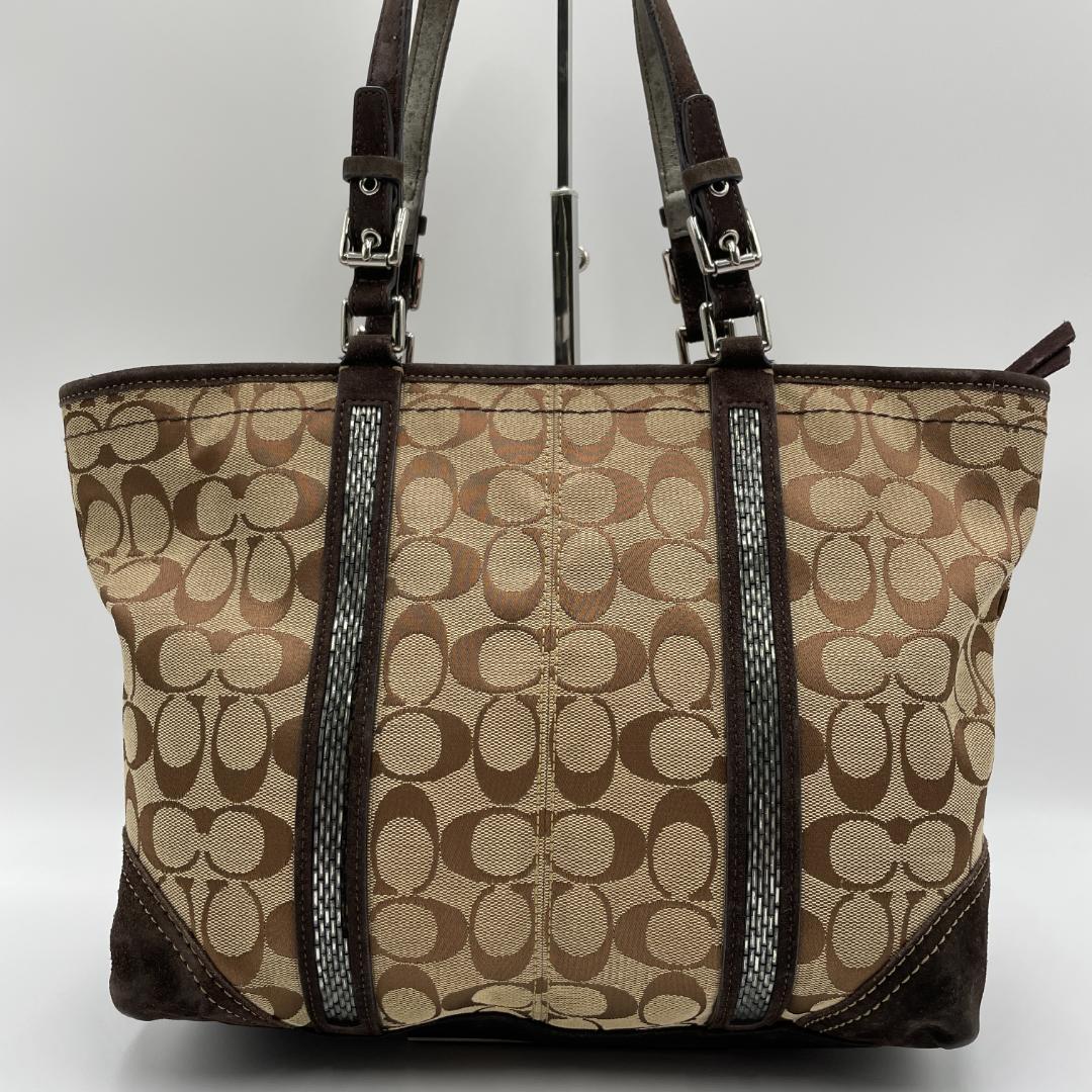 良品 COACH トートバッグ キャンバス スエード ブラウン シグネチャー