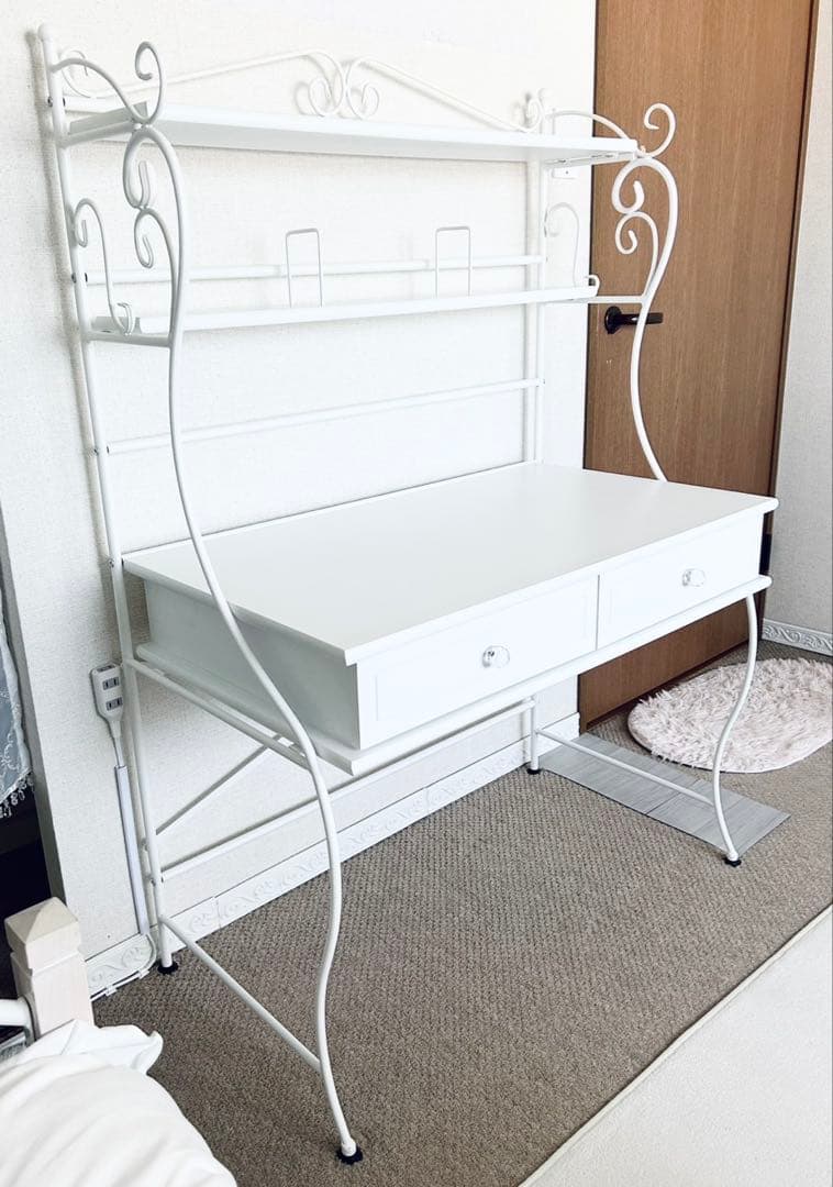 ロートアイアン　デスク　飾り棚　引き出し付き　ホワイト
