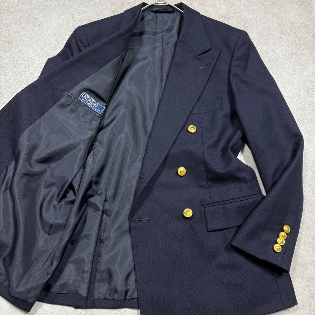 美品♡ポロラルフローレン 紺ブレ ダブル ロゴボタン 金ボタン ウール S-M