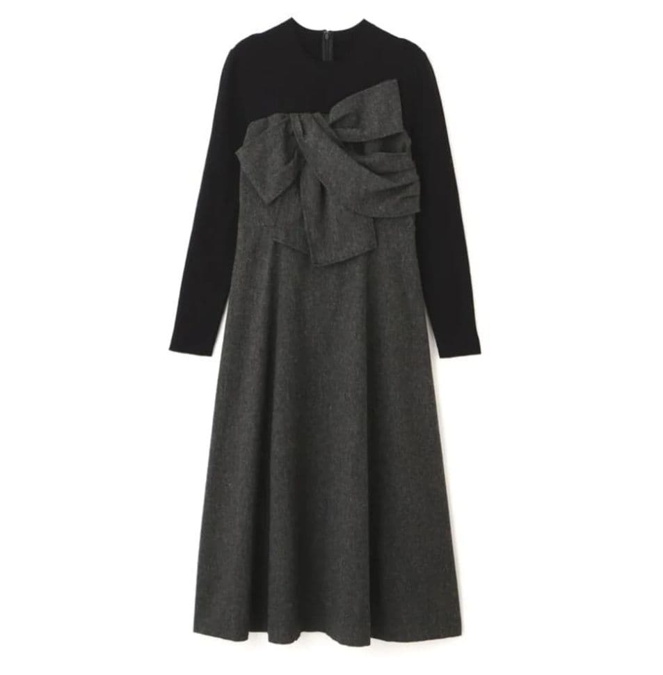 リボンディテールドッキングワンピース　ブラック×グレー　長袖