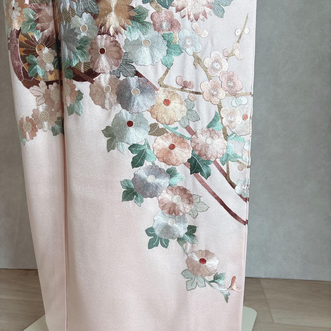 訪問着　フルセット　着物　正絹　入学式　繊細な花刺繍　淡彩の華　薄桃色　J10