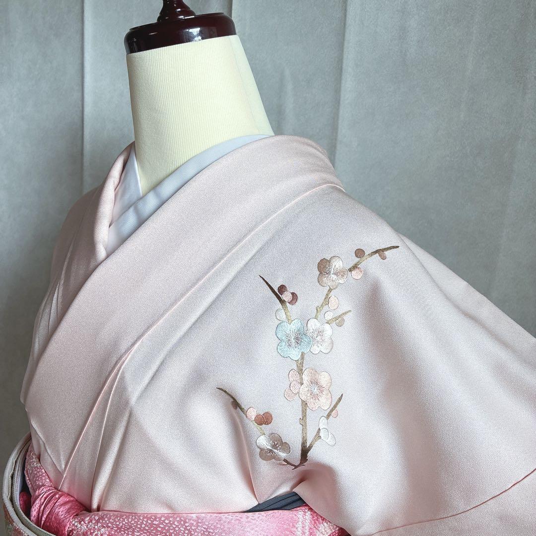 訪問着　フルセット　着物　正絹　入学式　繊細な花刺繍　淡彩の華　薄桃色　J10