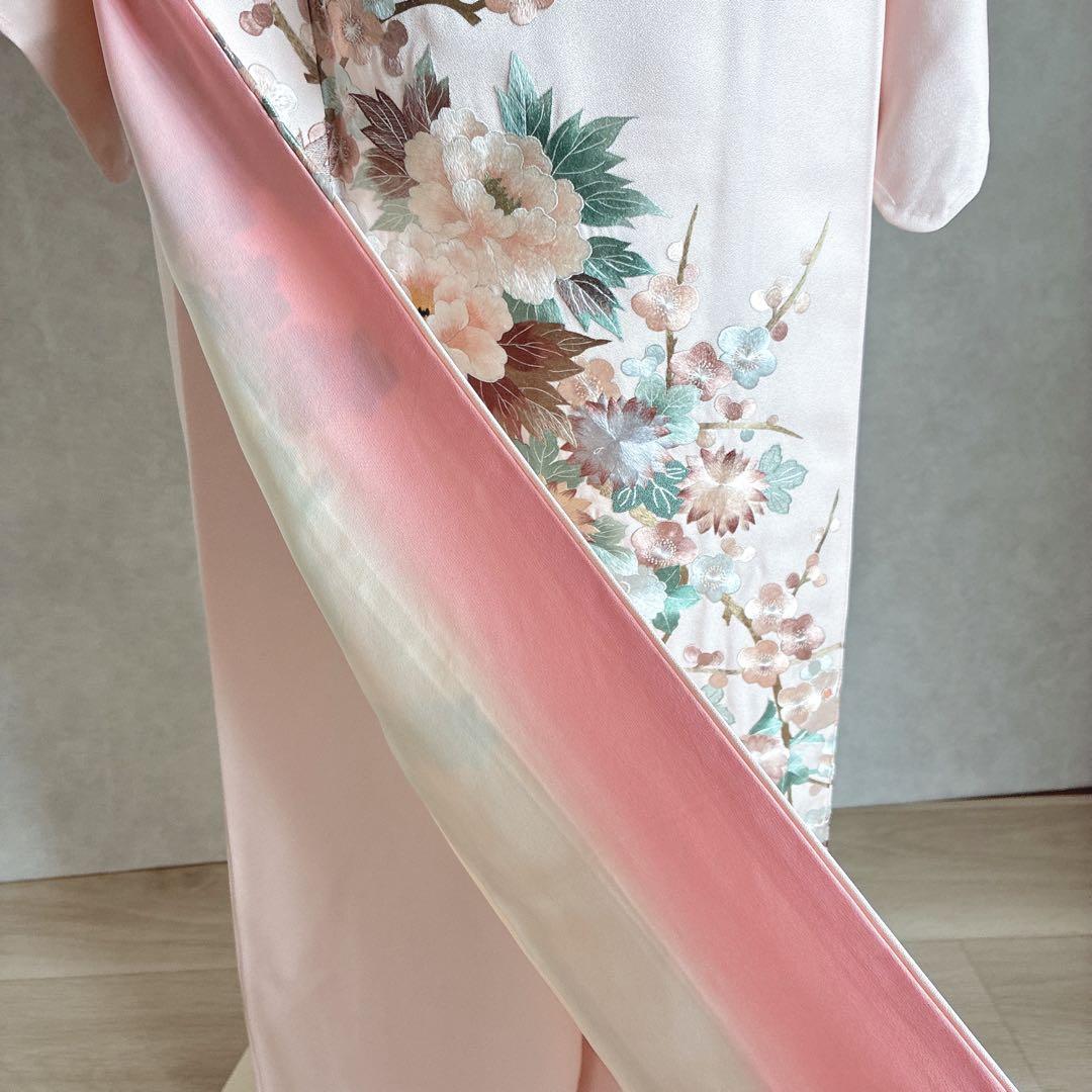 訪問着　フルセット　着物　正絹　入学式　繊細な花刺繍　淡彩の華　薄桃色　J10