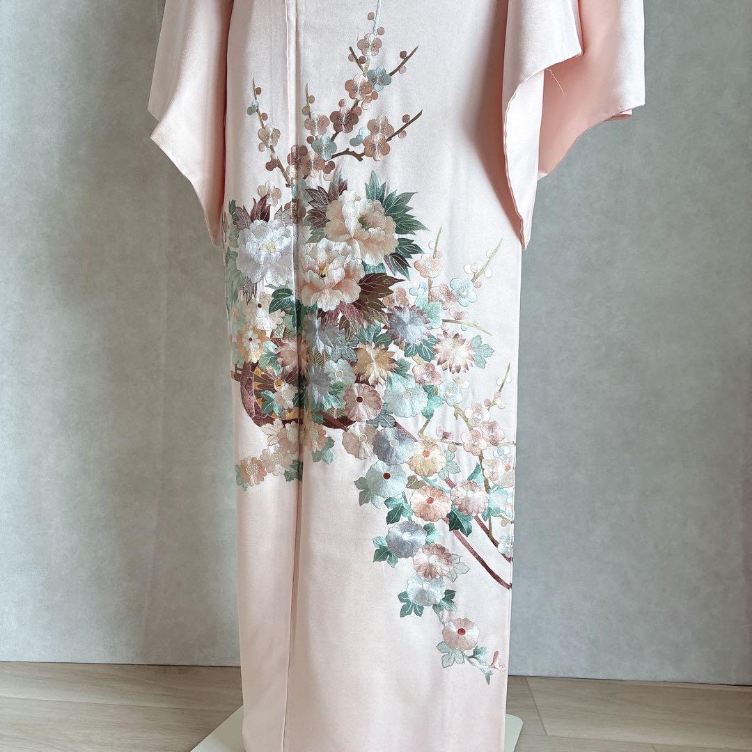訪問着　フルセット　着物　正絹　入学式　繊細な花刺繍　淡彩の華　薄桃色　J10