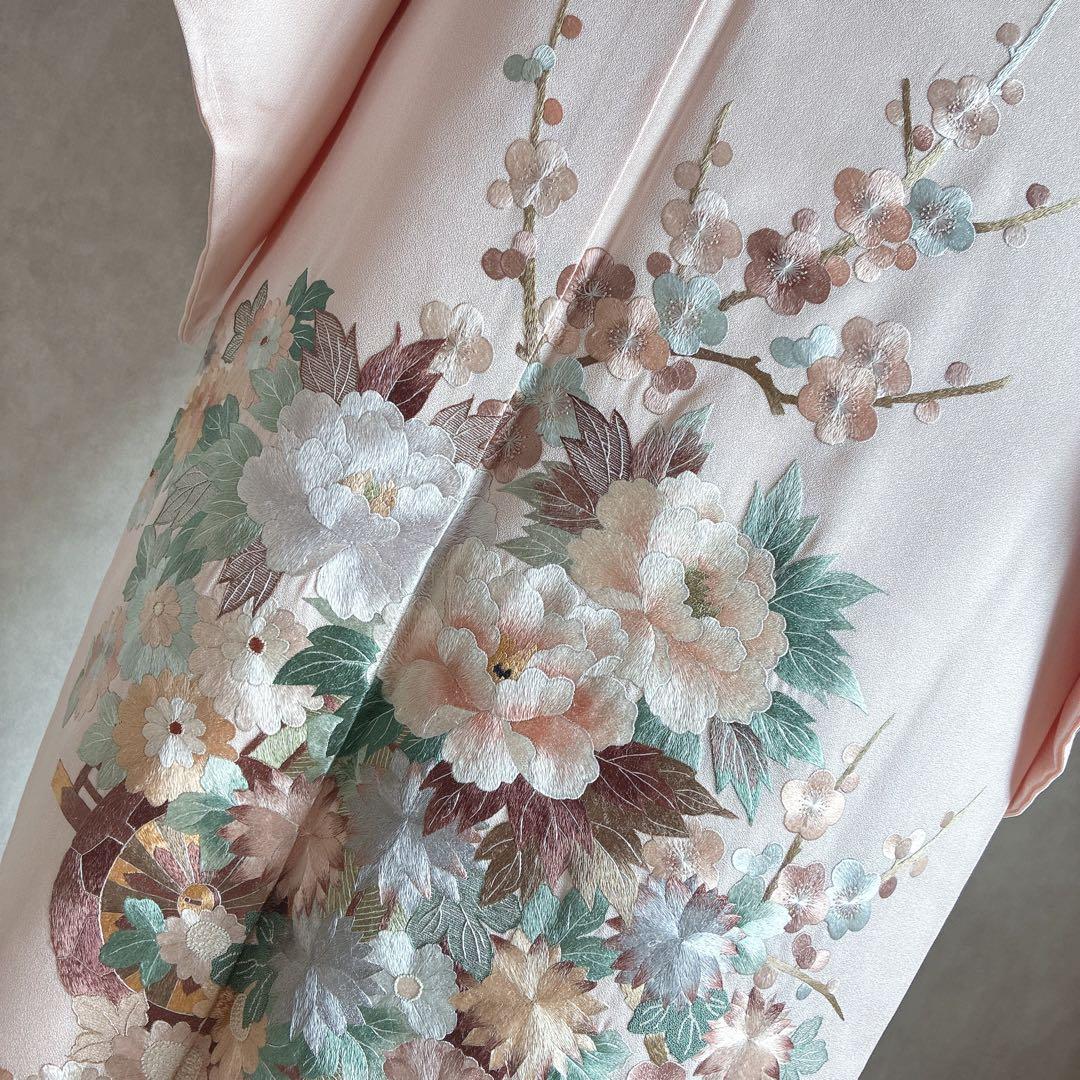 訪問着　フルセット　着物　正絹　入学式　繊細な花刺繍　淡彩の華　薄桃色　J10