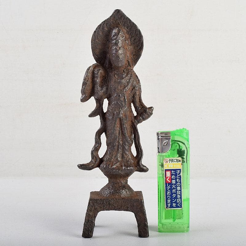 仏教美術　古鉄　観音菩薩像　仏像　置物　時代箱付　M　R9417