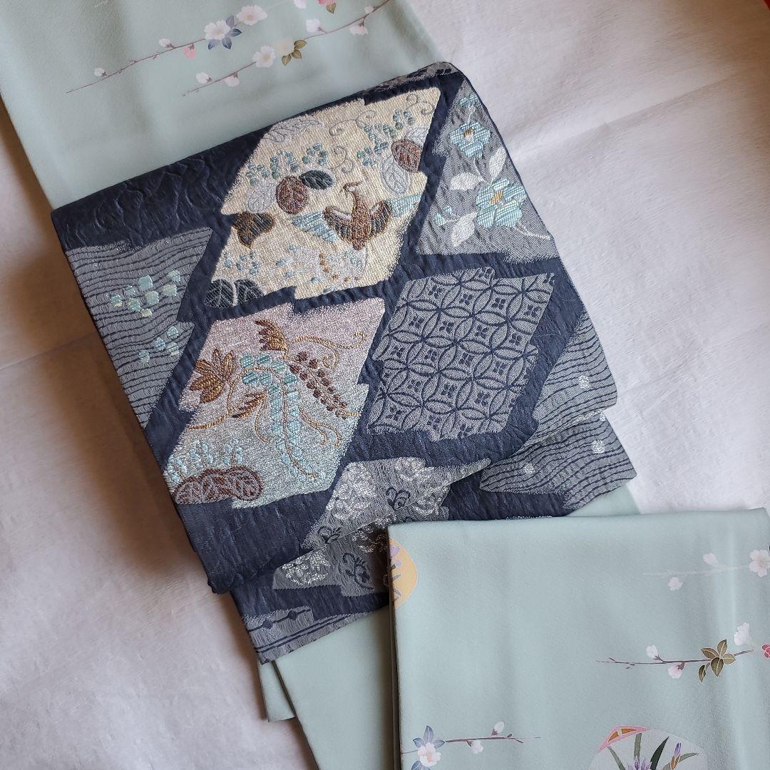 落ち着いたネイビーグレー　鳳凰と草花模様の袋帯