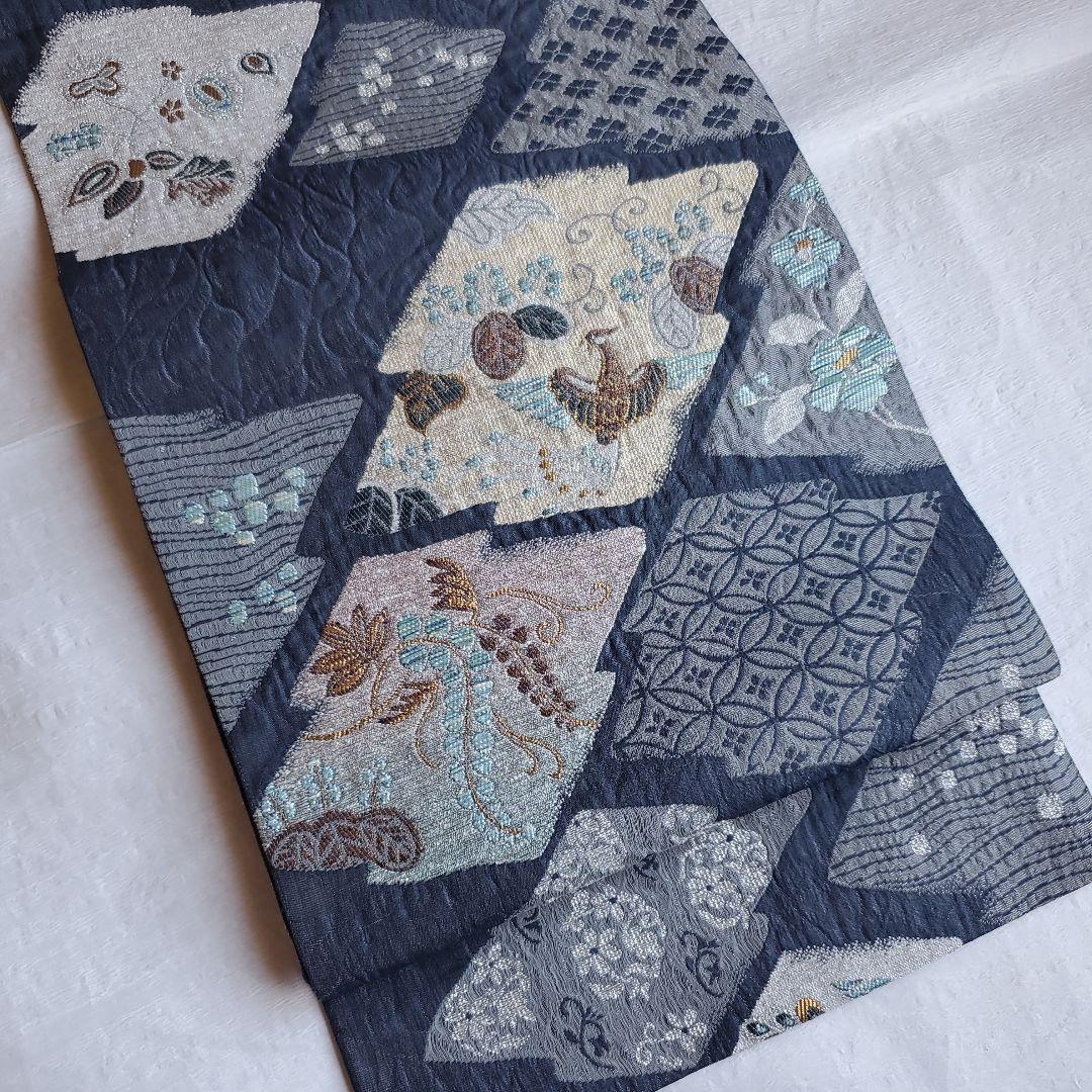 落ち着いたネイビーグレー　鳳凰と草花模様の袋帯