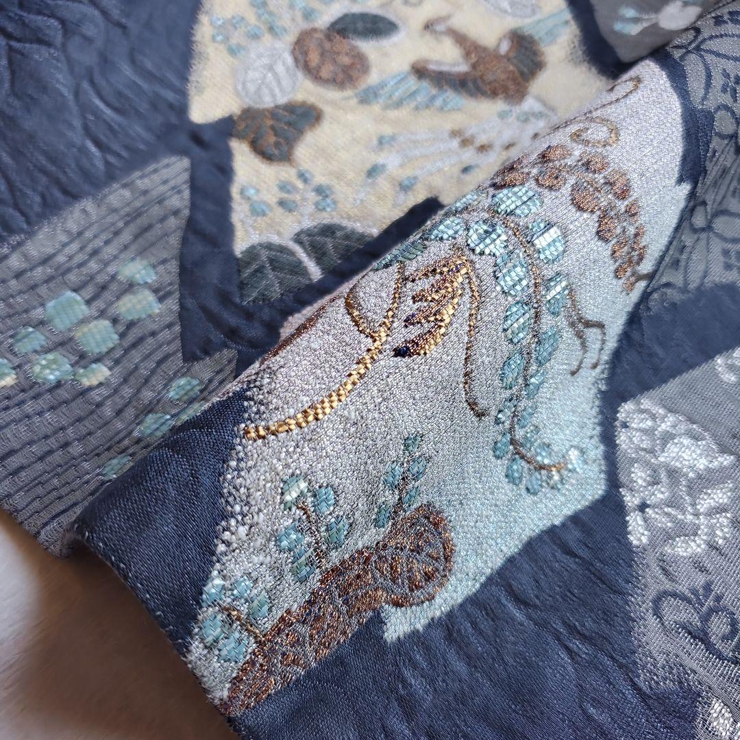 落ち着いたネイビーグレー　鳳凰と草花模様の袋帯