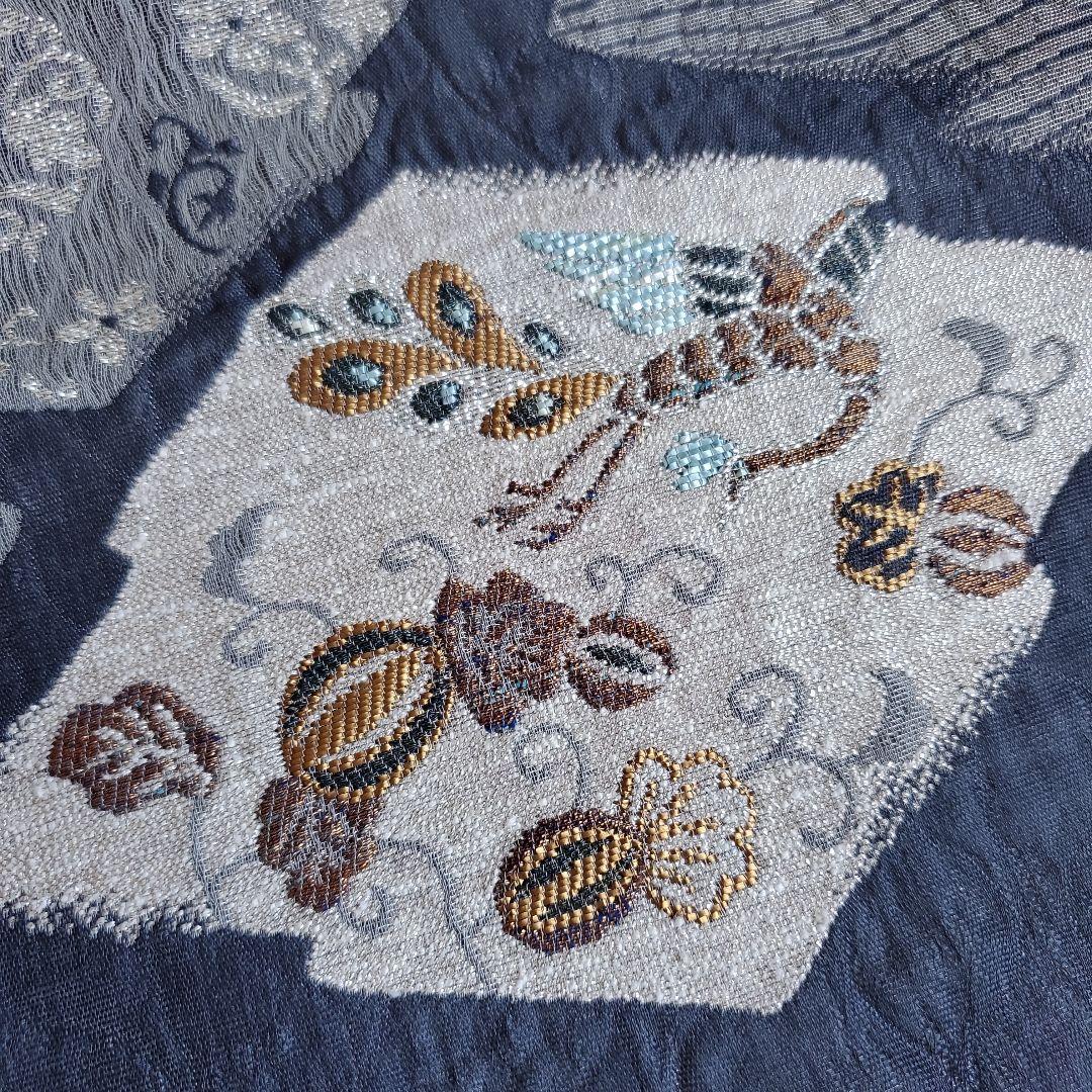 落ち着いたネイビーグレー　鳳凰と草花模様の袋帯