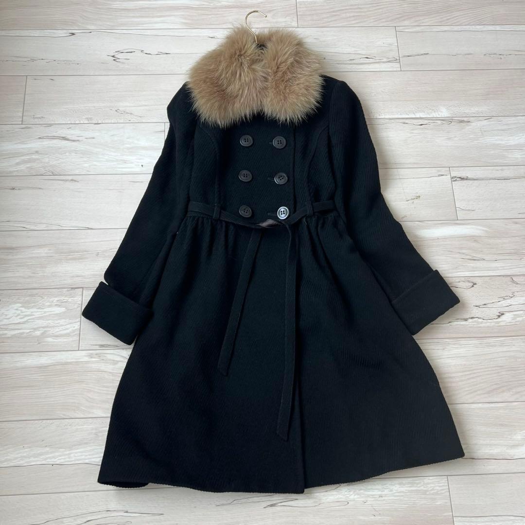 バーバリーブルーレーベル　ベルテッドコート　アンゴラ　フォックス　ロングコート
