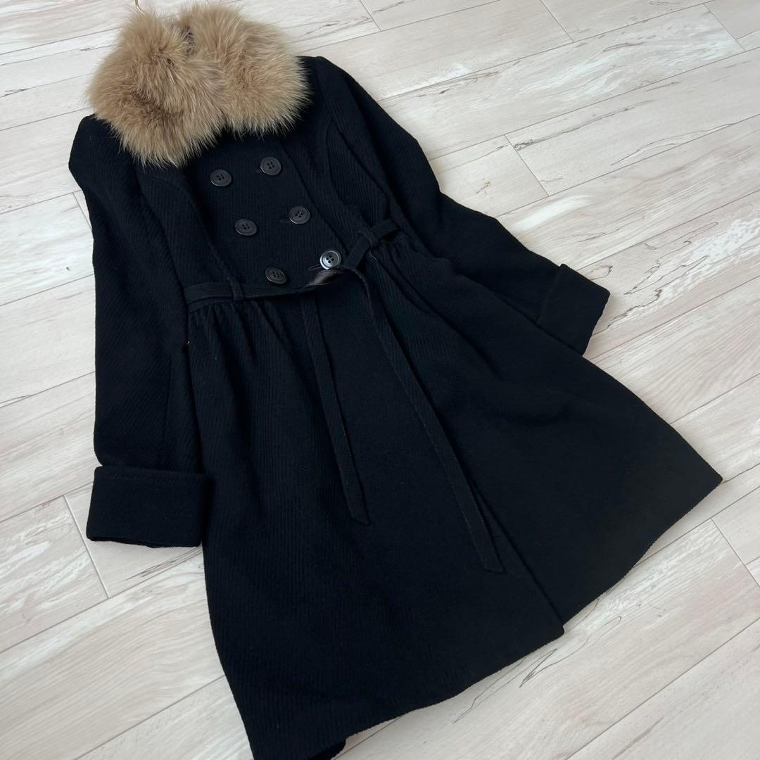 バーバリーブルーレーベル　ベルテッドコート　アンゴラ　フォックス　ロングコート