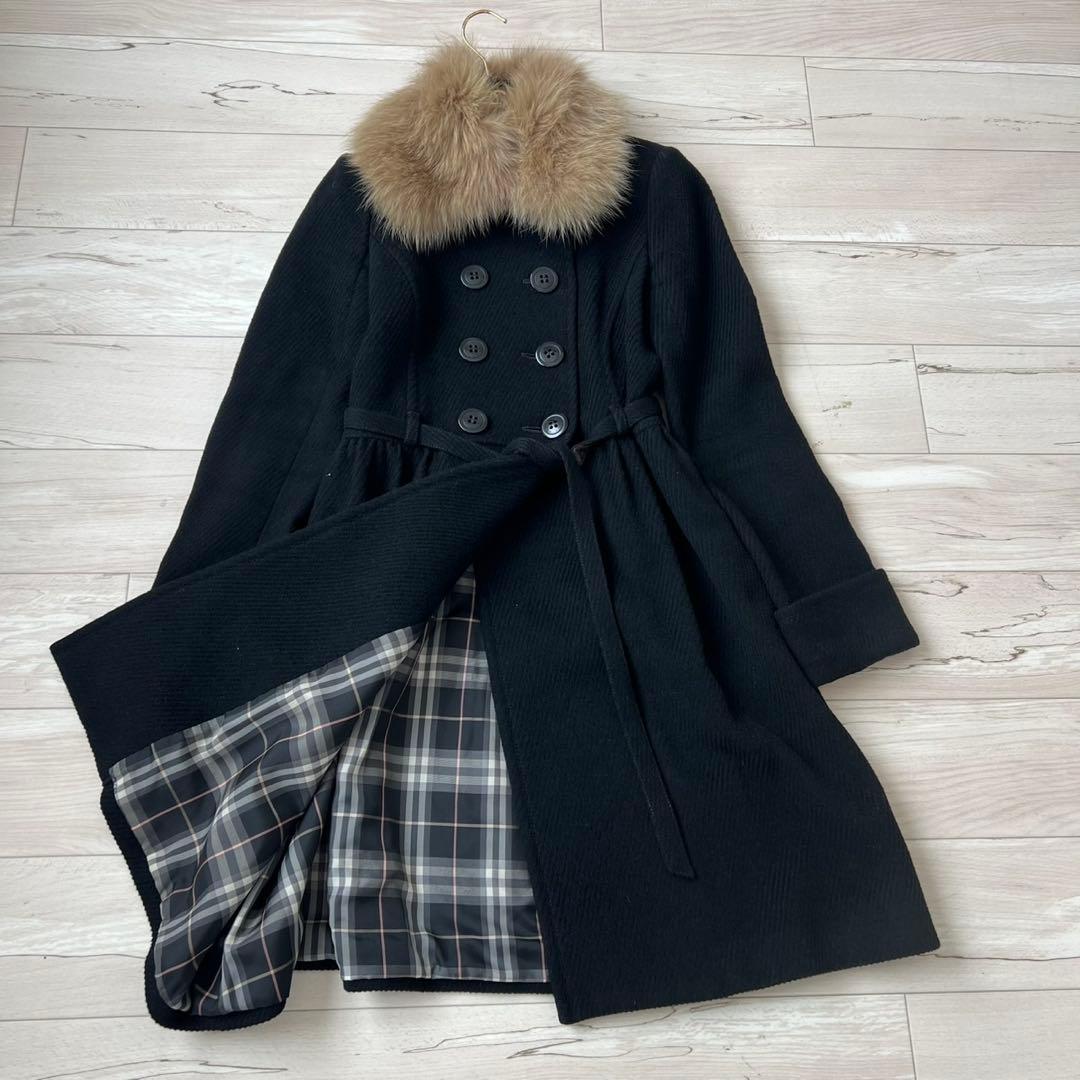 バーバリーブルーレーベル　ベルテッドコート　アンゴラ　フォックス　ロングコート