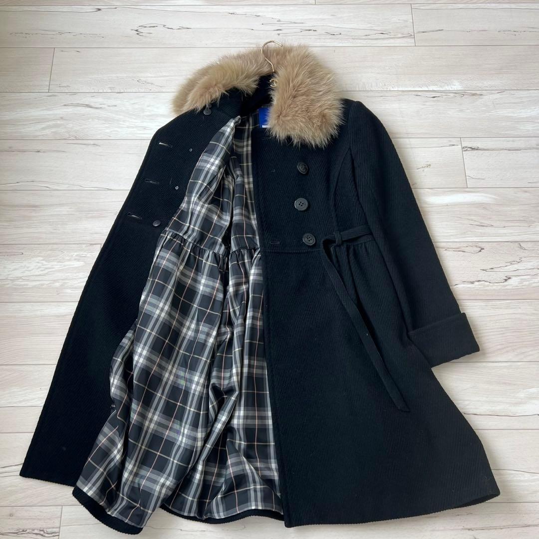 バーバリーブルーレーベル　ベルテッドコート　アンゴラ　フォックス　ロングコート