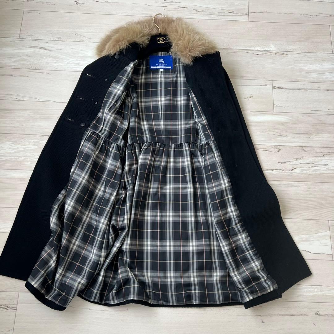 バーバリーブルーレーベル　ベルテッドコート　アンゴラ　フォックス　ロングコート