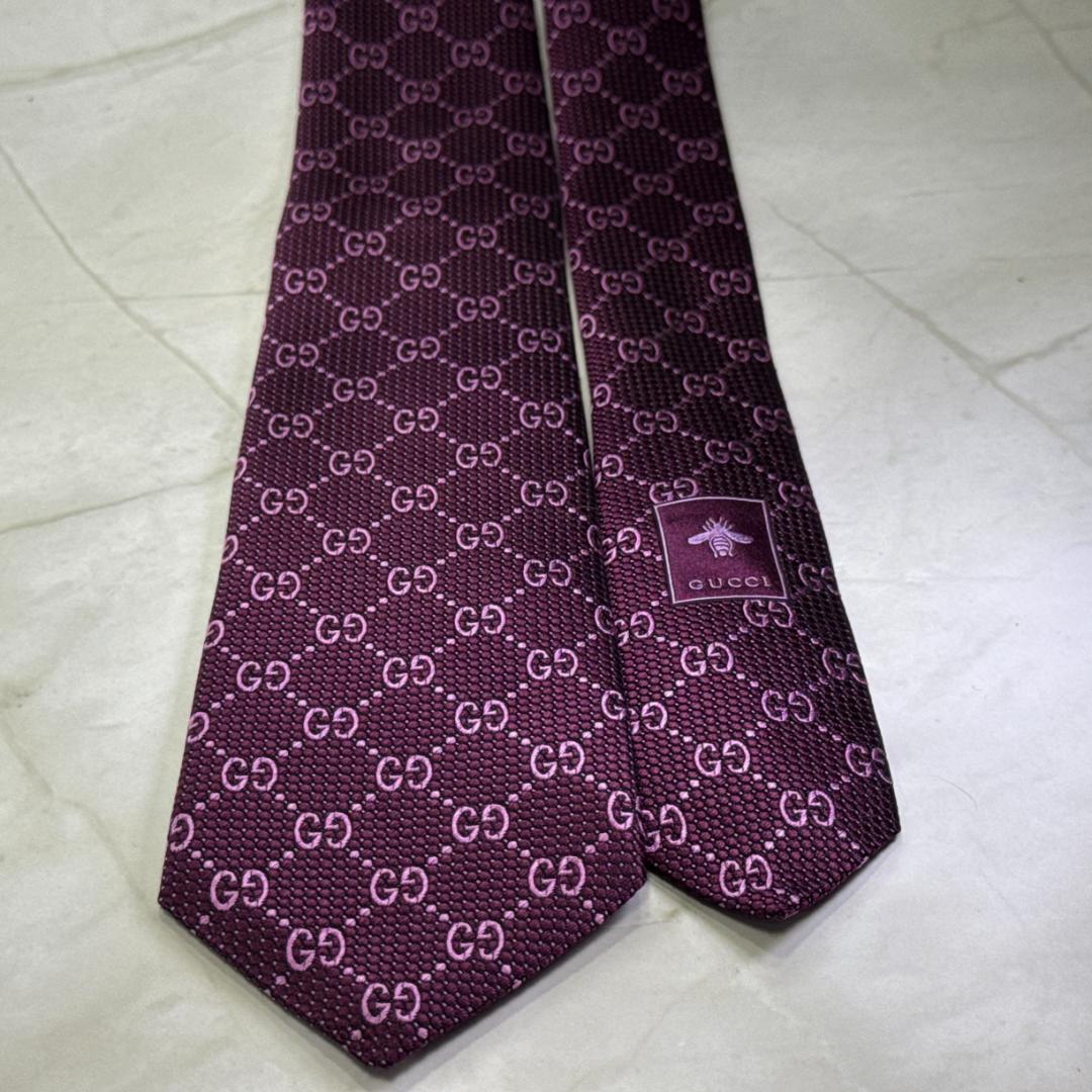 ☆即発 GUCCI GG柄 パープル シルクネクタイ 蜂タグ 艶感上質 極美品