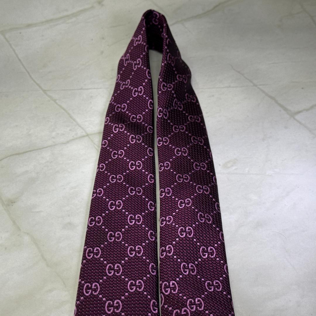 ☆即発 GUCCI GG柄 パープル シルクネクタイ 蜂タグ 艶感上質 極美品