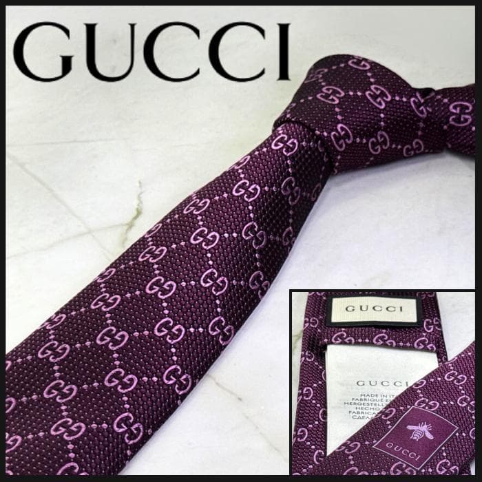 ☆即発 GUCCI GG柄 パープル シルクネクタイ 蜂タグ 艶感上質 極美品
