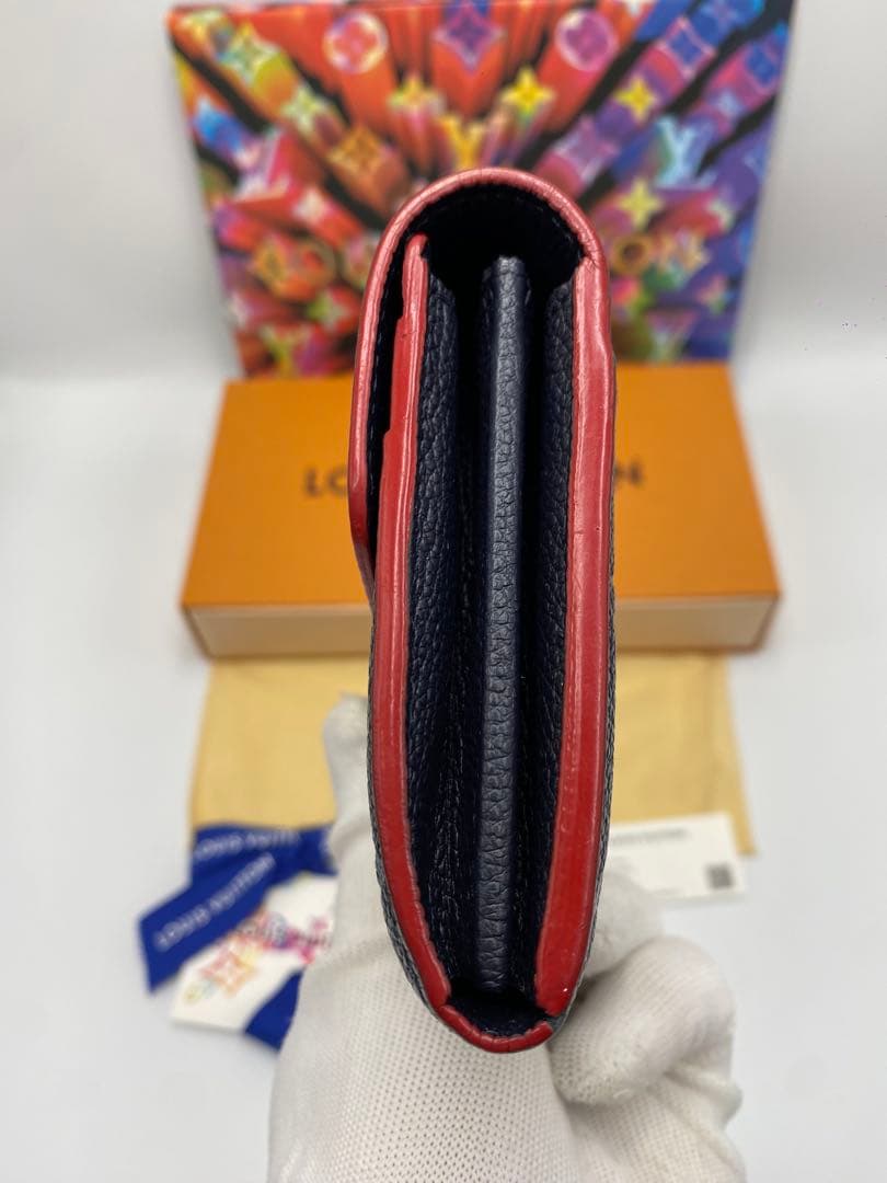 良品 ルイヴィトン モノグラムアンプラント ポルトフォイユ サラ 財布 ネイビー