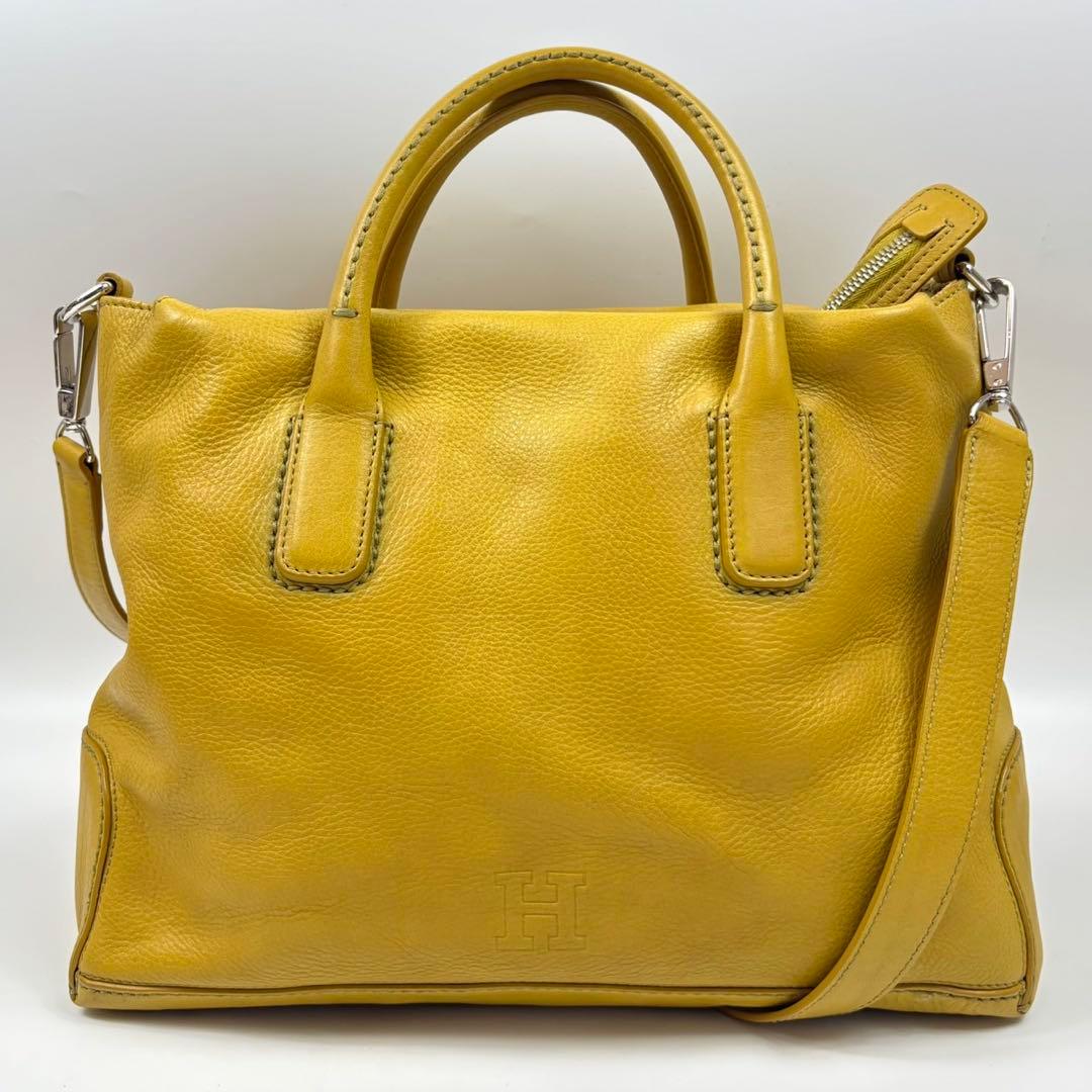 希少カラー　ヒロフ デュオ2way ハンドバッグ　ロゴ型押しA4収納可　イエロー