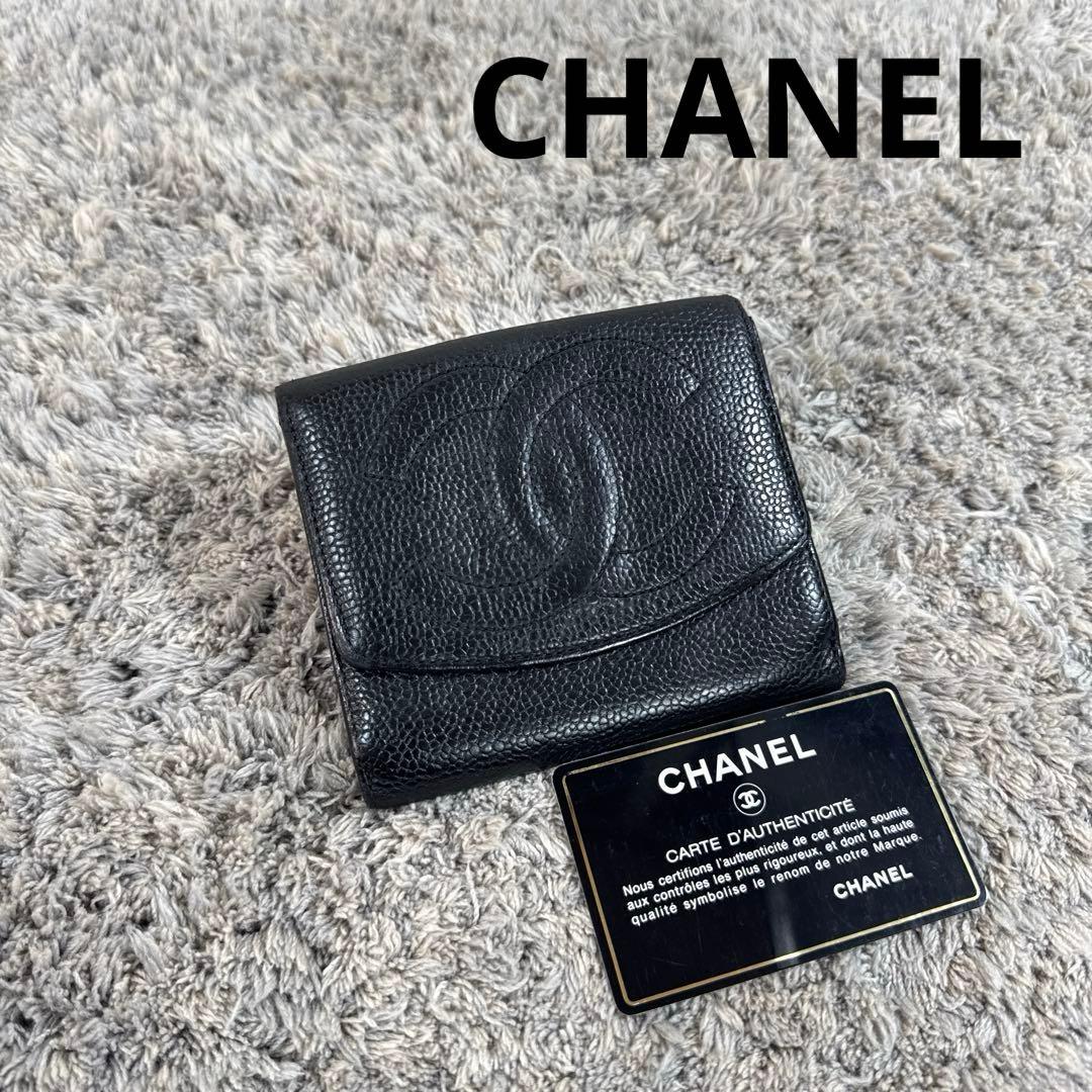 CHANEL シャネル 折り財布 Wホック ココマーク キャビアスキン