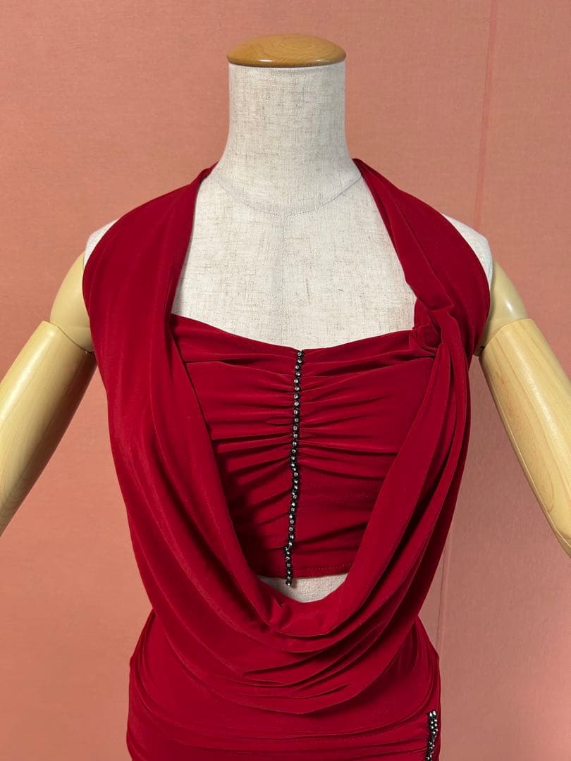 赤い社交ダンスドレス ドレープデザイン