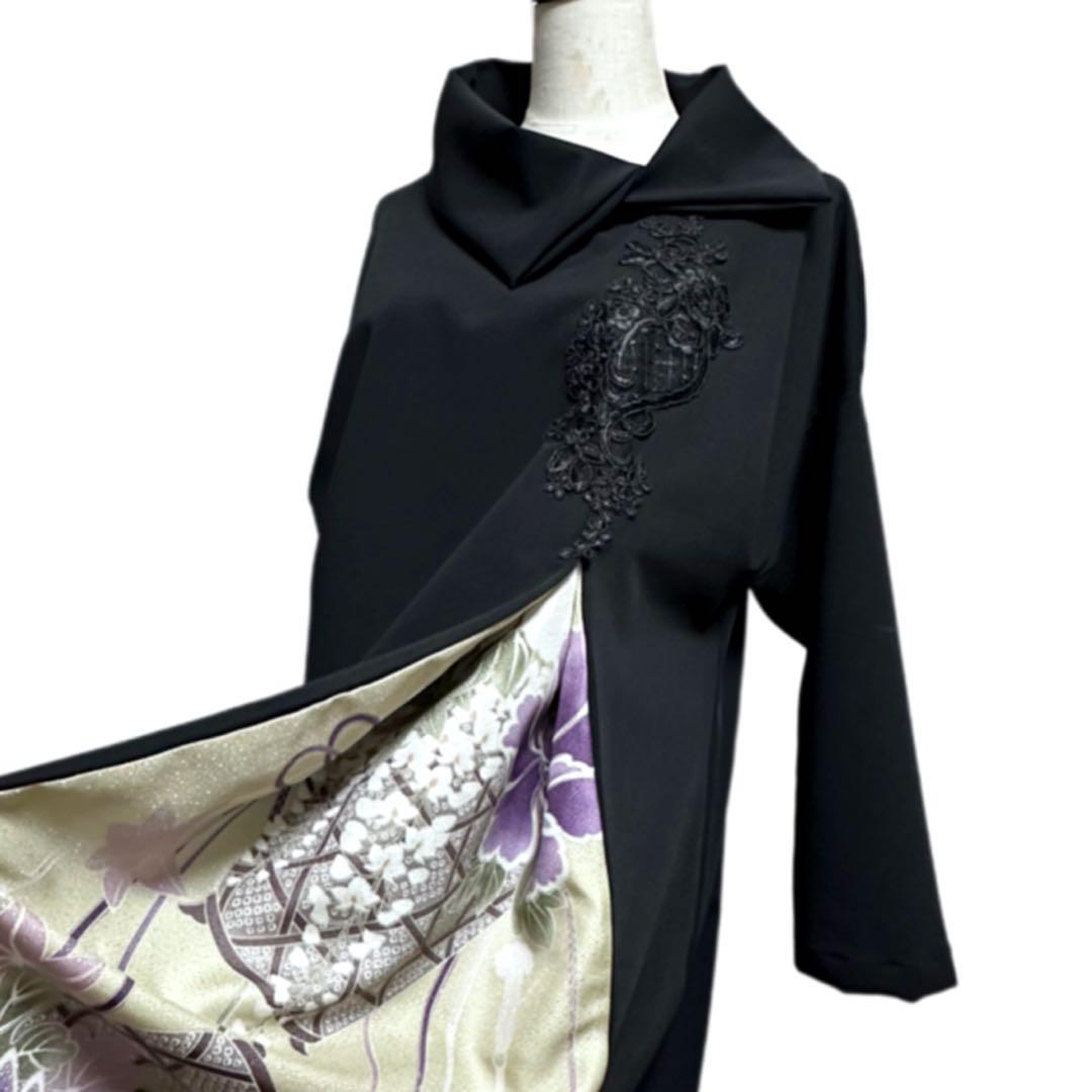 振袖　着物リメイク　ドレス　黒×花籠と牡丹や菊　和柄　ワンピース　ハンドメイド