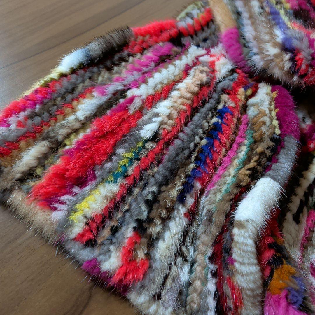 マフラー　ミンク　毛皮　リアルファー　編み込み　リボン　カラフル