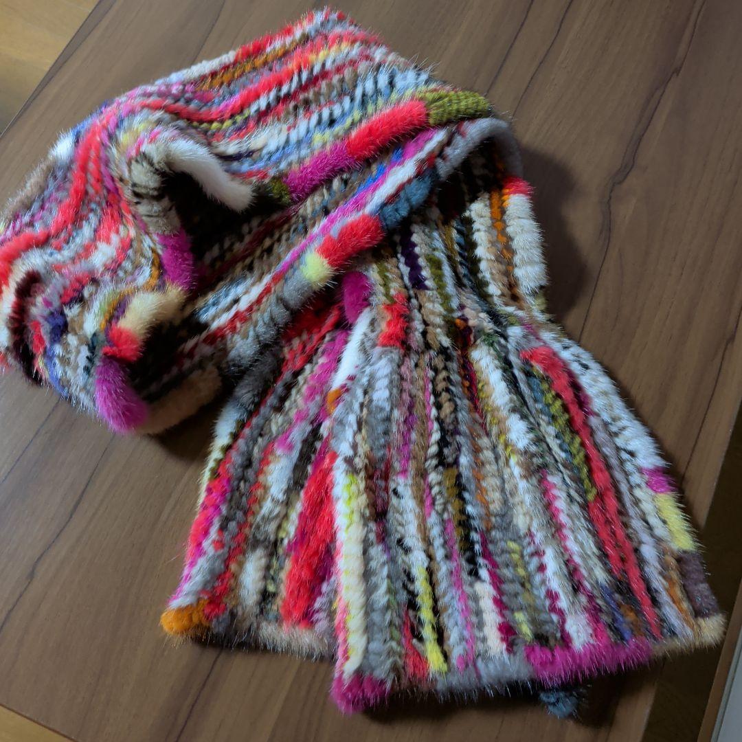 マフラー　ミンク　毛皮　リアルファー　編み込み　リボン　カラフル