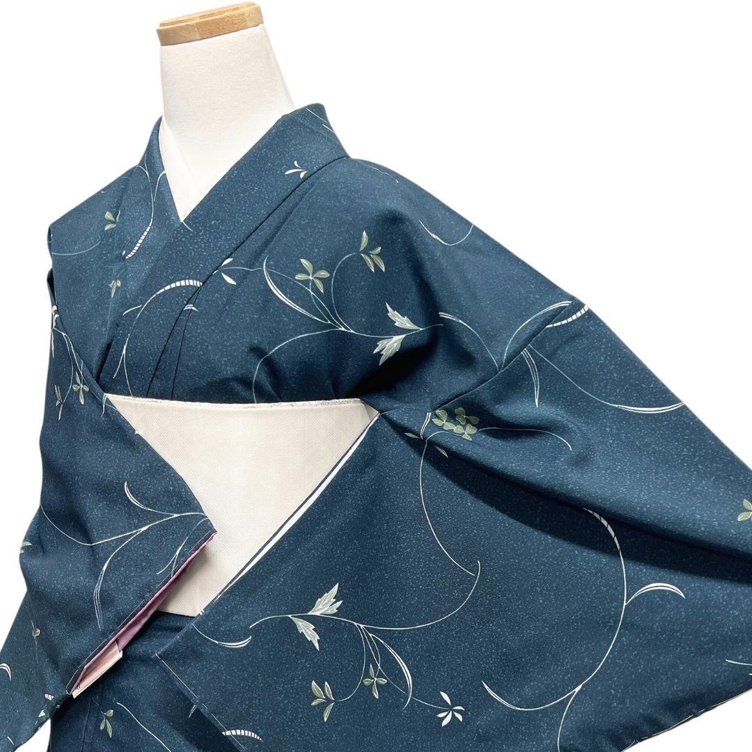 未着用　小紋　洗える着物　リーフ　蔓　片喰　たたき染　着物　114b d ms