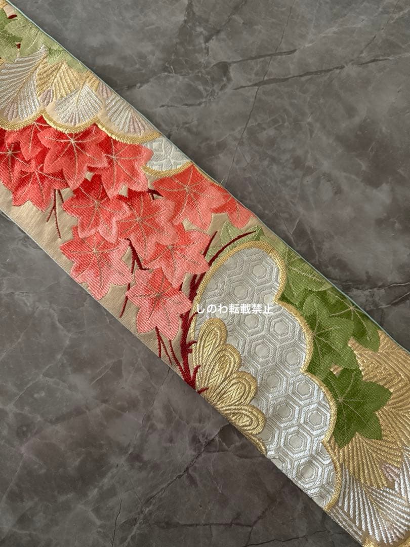 着付師が作った作り帯　7歳七五三　七宝に松紅葉模様　モスグリーン×コーラル×金銀