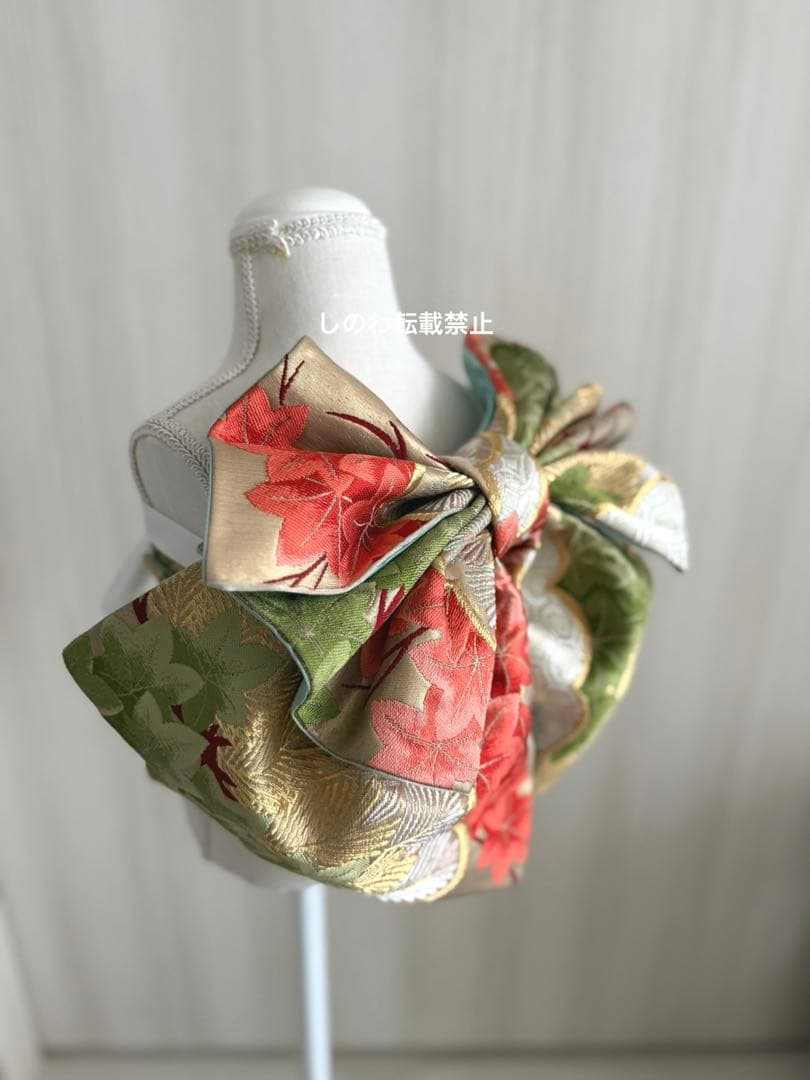 着付師が作った作り帯　7歳七五三　七宝に松紅葉模様　モスグリーン×コーラル×金銀