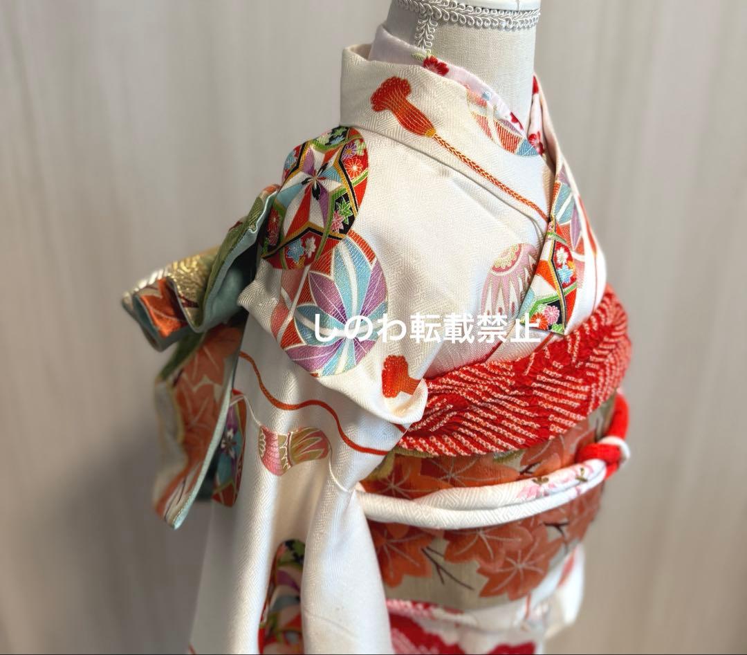 着付師が作った作り帯　7歳七五三　七宝に松紅葉模様　モスグリーン×コーラル×金銀