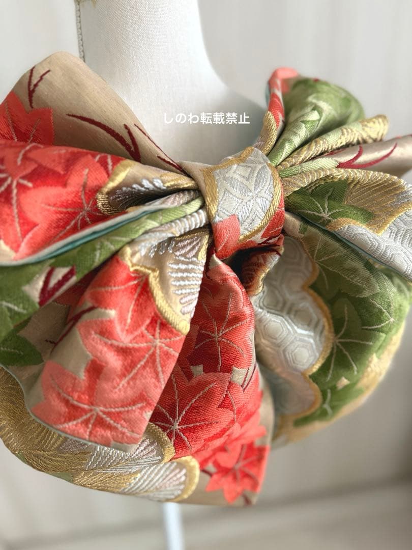 着付師が作った作り帯　7歳七五三　七宝に松紅葉模様　モスグリーン×コーラル×金銀