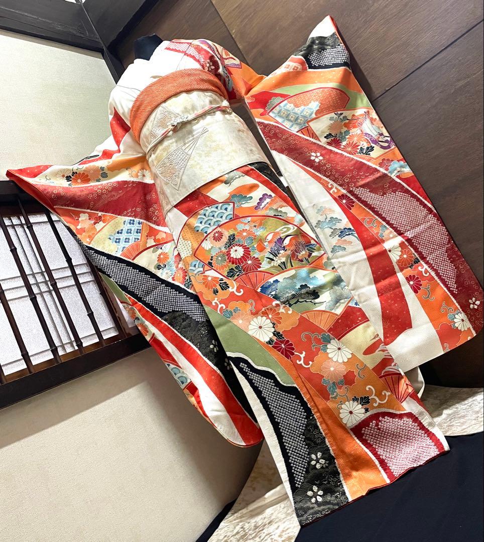 振袖 フルセット6点サイズM〜L正絹　扇面吉花鳥　売り切り終了