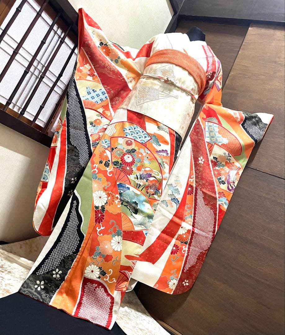 振袖 フルセット6点サイズM〜L正絹　扇面吉花鳥　売り切り終了