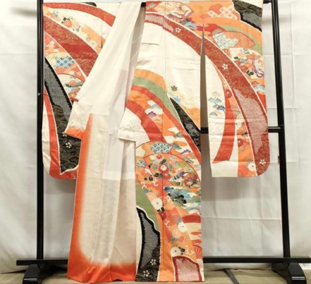振袖 フルセット6点サイズM〜L正絹　扇面吉花鳥　売り切り終了