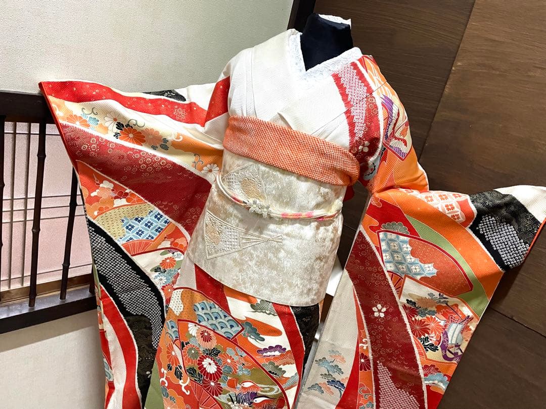 振袖 フルセット6点サイズM〜L正絹　扇面吉花鳥　売り切り終了