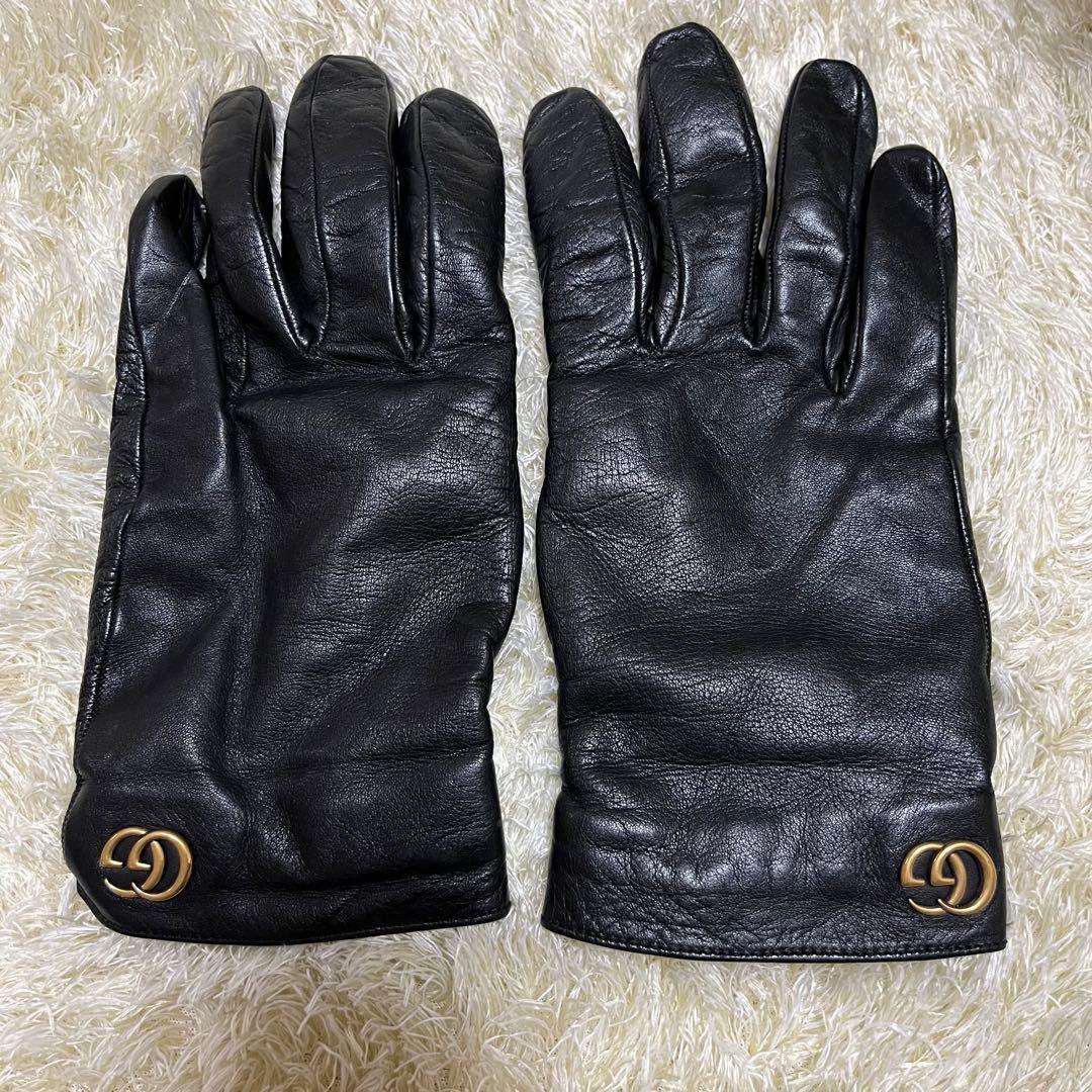 極美品✨ GUCCI ブラック レザー手袋 GG マーモント カシミヤ