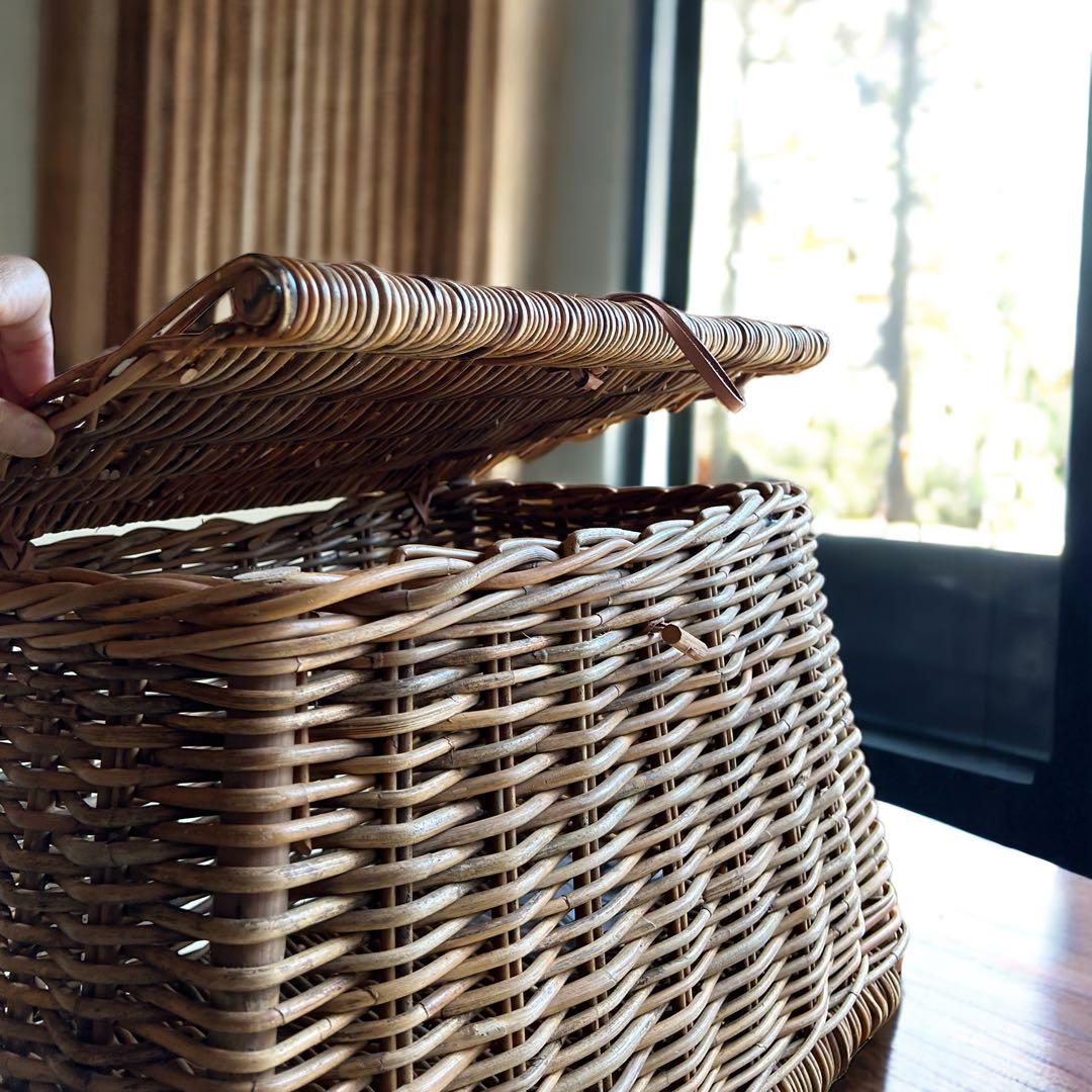 天然皮付き籐アラログ　インテリアバスケット　蓋付きバスケット　大きいかご