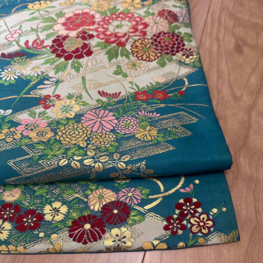 超美品　正絹　着物 和服　名古屋帯　333 納戸色　青緑　アンティーク　金
