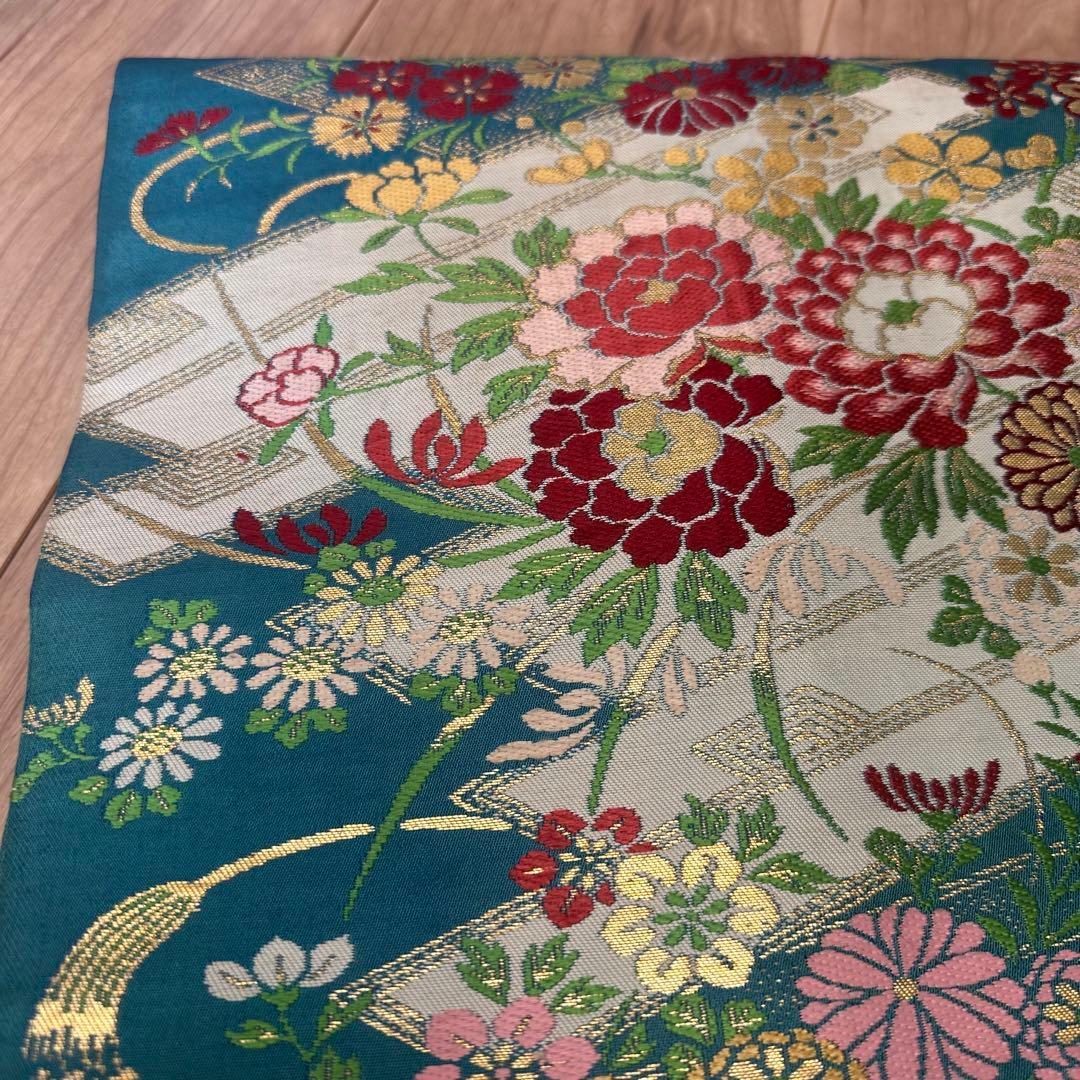 超美品　正絹　着物 和服　名古屋帯　333 納戸色　青緑　アンティーク　金