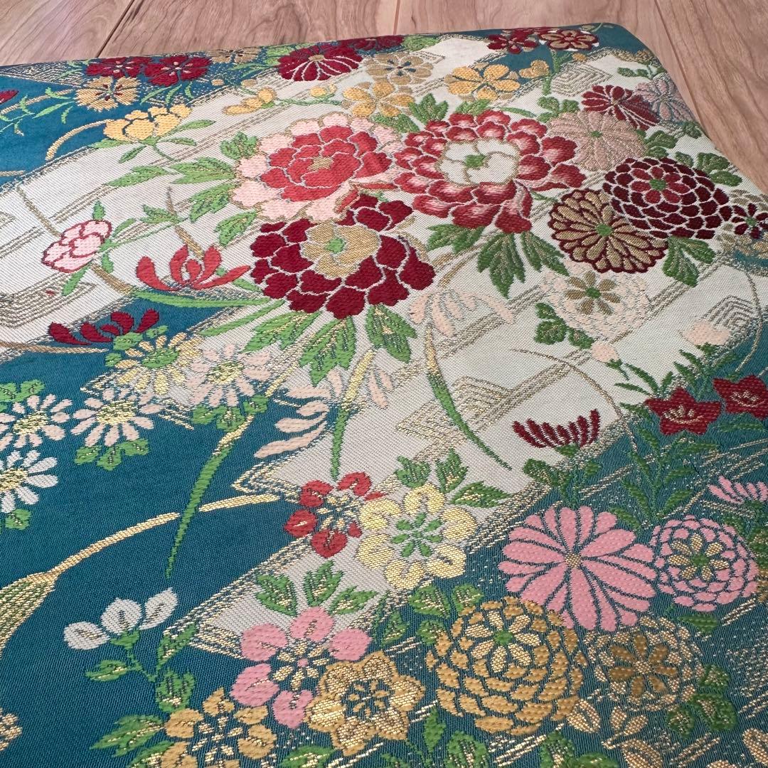 超美品　正絹　着物 和服　名古屋帯　333 納戸色　青緑　アンティーク　金