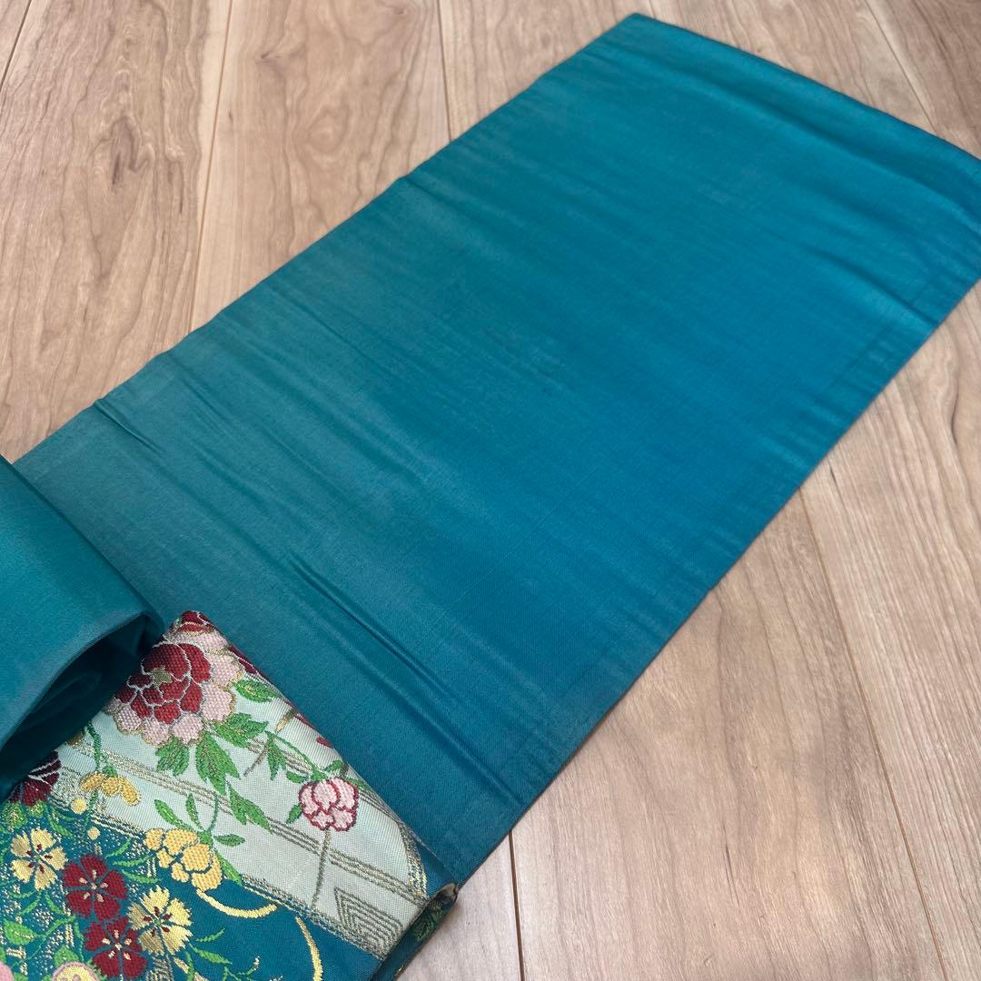 超美品　正絹　着物 和服　名古屋帯　333 納戸色　青緑　アンティーク　金