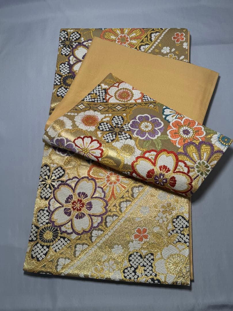 [美品] 袋帯　正絹　金　桜　絞り柄　熨斗　成人式　結婚式　振袖　礼装