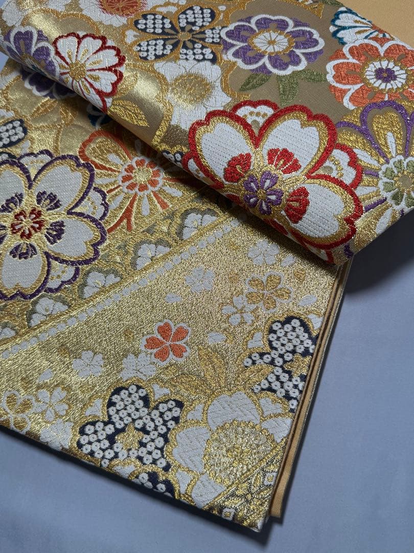 [美品] 袋帯　正絹　金　桜　絞り柄　熨斗　成人式　結婚式　振袖　礼装