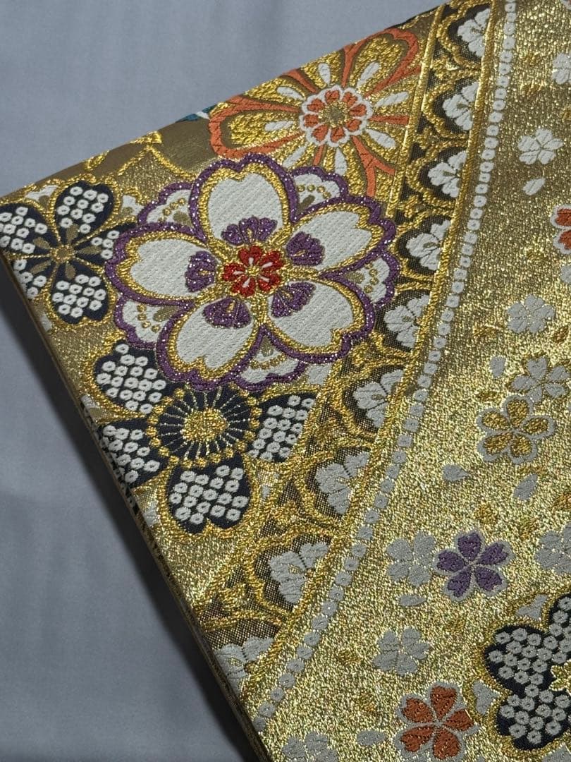 [美品] 袋帯　正絹　金　桜　絞り柄　熨斗　成人式　結婚式　振袖　礼装