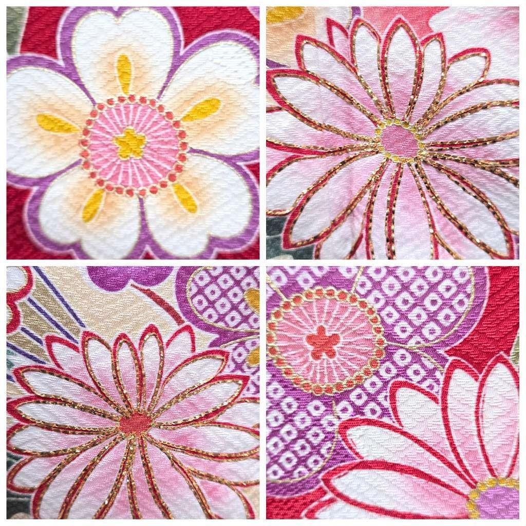 I 美品 振袖・襦袢セット かわいい花 金彩 金駒刺繍 袷 正絹 成人式 着物