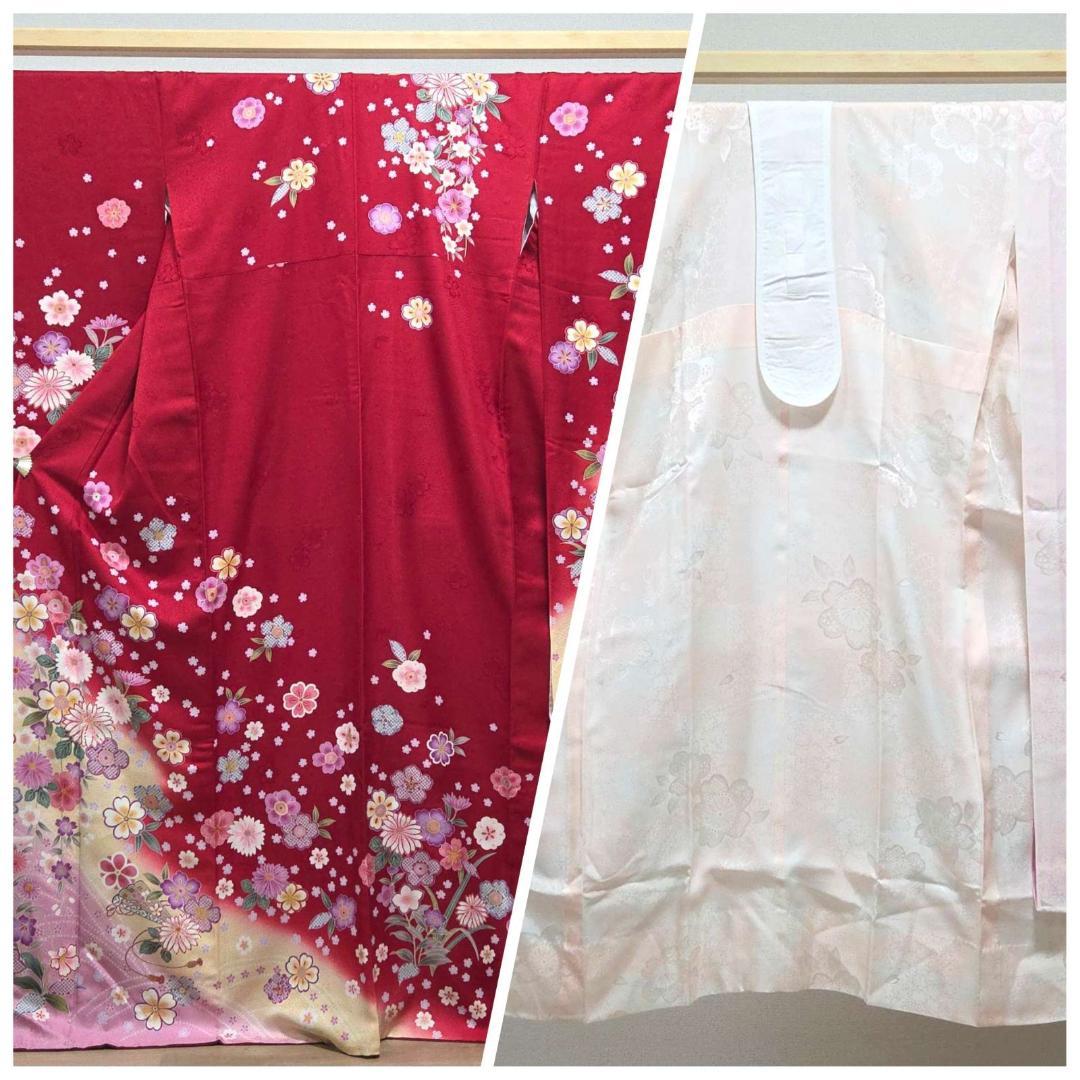I 美品 振袖・襦袢セット かわいい花 金彩 金駒刺繍 袷 正絹 成人式 着物